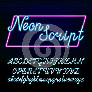 Neon tube alphabet font. Hand drawn script type letters and numbers on a dark background.