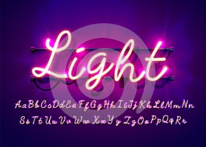 Neon tube hand drawn alphabet font. Script type letters on a dark background. Vector typeface for labels, titles or