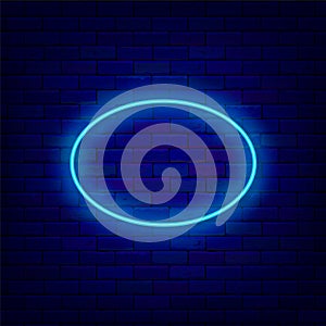 Neon turquoise frame on brick wall. Ellipse shape. Empty signboard. Space for text. Shiny flyer. Vector illustration