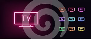 Neon tv icon. Glowing neon television sign, set of isolated widescreen tv display