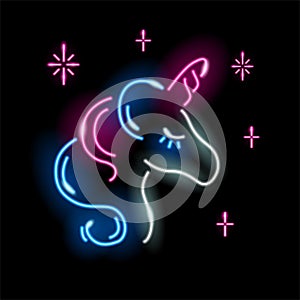 Neon unicorn face icon isolated on black background. Girl, magic, fantasy, child concept for logo, banner. Cute sleeping baby