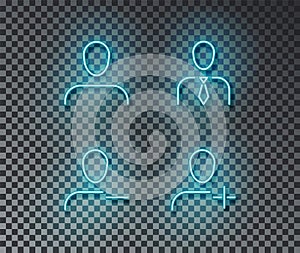 Neon user signs vector isolated on brick wall. Avatar, new user, delete, human light symbol, decorat