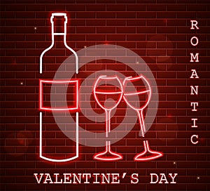 Neon Valentine day card with wine bottle and glasses. Red romantic dinner symbol in neon light Vector. Valentine day