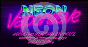 Neon Vaporwave alphabet font. Glowing neon letters, numbers and punctuations.