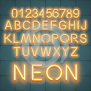 Neon vector alphabet, set of realistic fluorescent glowing letters