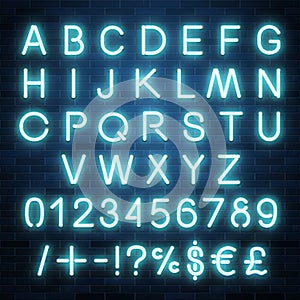 Neon vector alphabet, set of realistic fluorescent glowing letters, numbers and symbols