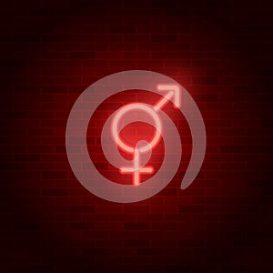 Neon vector male and female sign. Gender symbol on brick wall