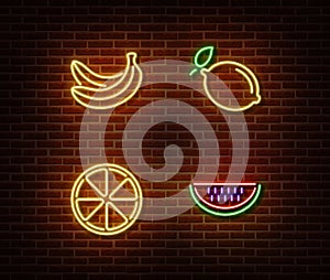 Neon vegetable signs vector isolated on brick wall. Banana, lemon, orange, watermelon light symbol,