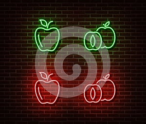 Neon vegetable signs vector isolated on brick wall. Green and red apples light symbol, decoration ef