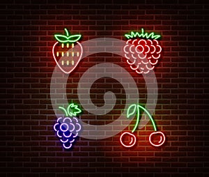 Neon vegetables berrys signs vector isolated on brick wall. Strawberry, raspberry, cherry, grape lig