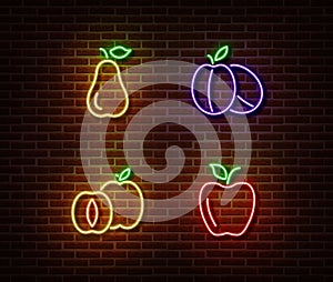 Neon vegetables fruits signs vector isolated on brick wall. Pear, ripe plums, apple, apricot light s