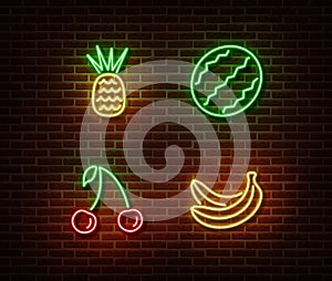Neon vegetables fruits signs vector isolated on brick wall. Pineapple, watermelon, cherry, banana li