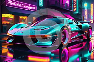 Neon Velocity: Cyberpunk-style Retro Sports Car Glowing with Neon Backlight Contours, Bathed in the Neon-Tinged Hue