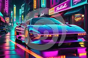 Neon Velocity: Cyberpunk-style Retro Sports Car Glowing with Neon Backlight Contours, Bathed in the Neon-Tinged Hue