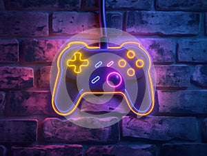 Neon Video Game Controller on Brick Wall