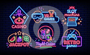 Neon video game icons. Retro gamer logo. Slot machine. Night light controller. Computer club or casino signs. Virtual