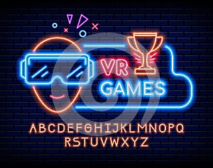 Neon video game text. VR computer gaming. Glowing signboard. Alphabet uppercase letters. Gamer with virtual reality