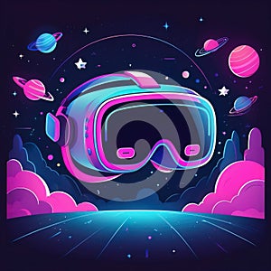 Neon Virtual reality glasses on dark background with space