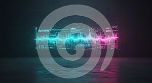 Neon visualization of digital data on a dark wall