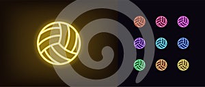 Neon volley ball icon. Glowing neon volleyball sign, outline ball pictogram