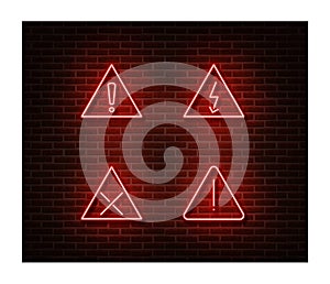 Neon warning signs vector isolated on brick wall. Warning loop light symbol, decoration effect. Neon