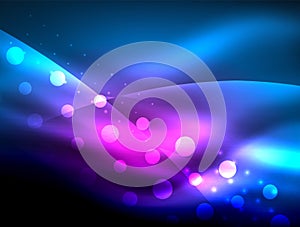 Neon wave background with light effects, curvy lines with glittering and shiny dots, glowing colors in darkness, magic