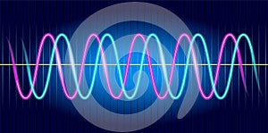 Neon wave graph. Oscilloscope with image of wave diagram