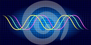 Neon wave graph. Oscilloscope with image of wave diagram