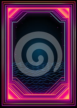 Neon wave pattern frame 80s retro nostalgic