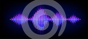 Neon wave sound vector background. Music soundwave design, blue light elements isolated on dark backdrop. Radio