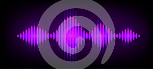 Neon wave sound vector background. Music soundwave design, purple light elements isolated on dark backdrop. Radio