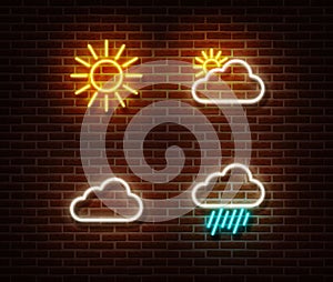 Neon weather sign vector isolated on brick wall.