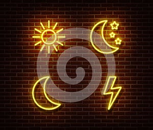 Neon weather sign vector isolated on brick wall.
