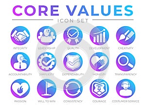 Neon Web Company Core Values Round Web Icon Set. Integrity, Leadership, Quality and Development, Creativity, Accountability,