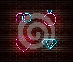 Neon wedding signs vector isolated on brick wall.