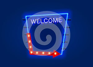 Neon welcome open signboard on the blue background