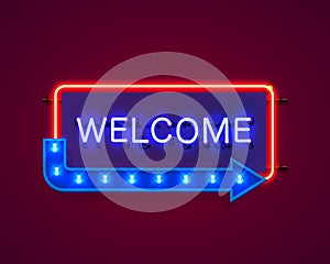 Neon welcome open signboard on the red background