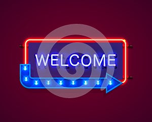 Neon welcome open signboard on the red background.