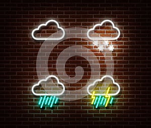 Neon white cloud sign vector isolated on wall