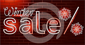 Neon winter sale background with snowflakes