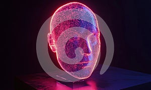Neon Wireframe Head Sculpture with Glowing Lines and Abstract Design