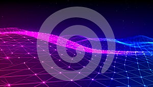 Neon wireframe landscape with glowing particles abstract