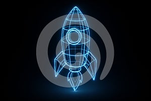 Neon wireframe rocket design glowing against a dark background. concept of futuristic technology, space exploration, digital