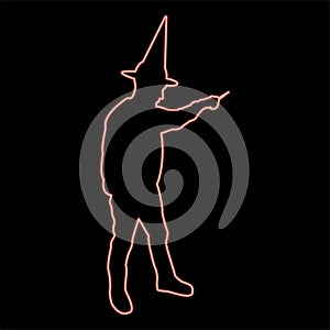 Neon wizard holds magic wand trick Waving Sorcery concept Magician Sorcerer Fantasy person Warlock man in robe with magical stick