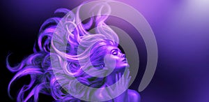 Neon Woman. Beauty fashion model girl with Long hair on black background in UV lights. Violet glowing skin and fluttering hair