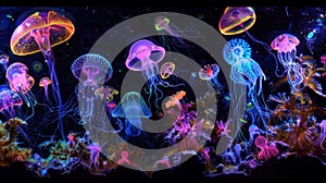 A neon wonderland of bioluminescent organisms captured in vibrant colors against a velvety black background