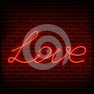 Neon word love. A bright red sign on a brick wall. Element of design for a happy Valentine s day. Vector illustration