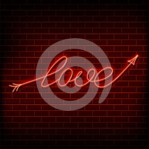 Neon word love. A bright red sign on a brick wall. Element of design for a happy Valentine s day. Vector illustration