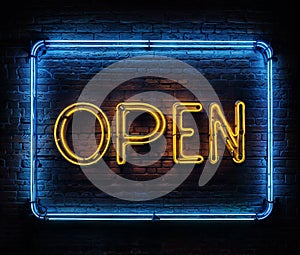 A neon word text sign OPEN yellow letters, colors mounted photo