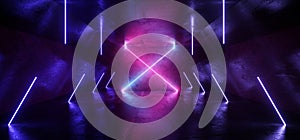 Neon X Shape Tube Lights Futuristic Sci Fi Glowing Purple Blue Vibrant Laser Beams Showroom Concrete Dark Empty Background Tunnel photo